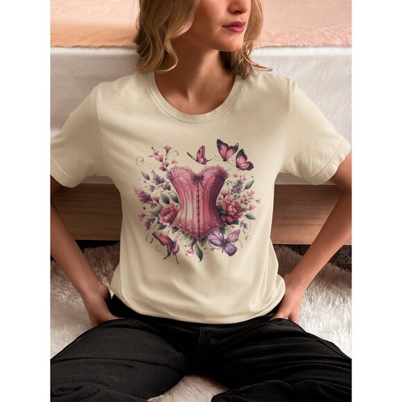 Coquette Romantic Corset Lace T-Shirt, Whimsical Coquette Corset & Butterfly Tee - Picture 1 of 4